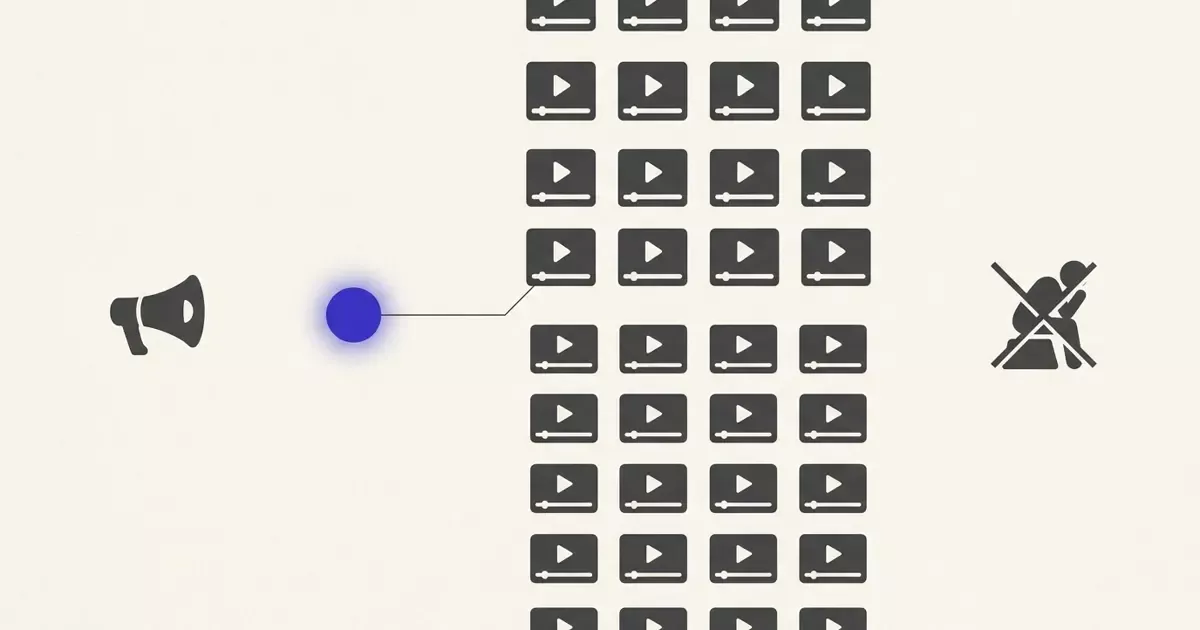 Editorial illustration: a megaphone and an indigo node linked to a grid of identical video thumbnails, with a crossed-out shrugging figure — the channel-as-distribution idea between a confident guru and a dismissive skeptic