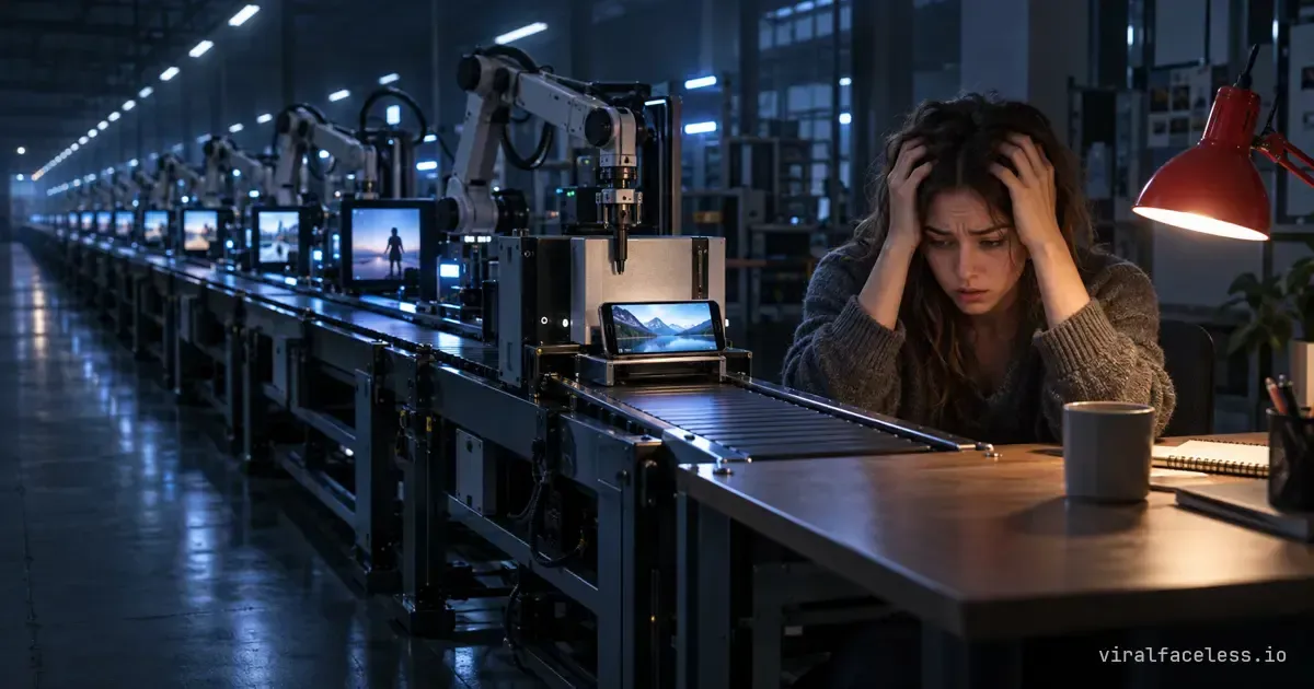 At the end of a long robotic video production line running with nobody at it, a creator under a red lamp clutches her head