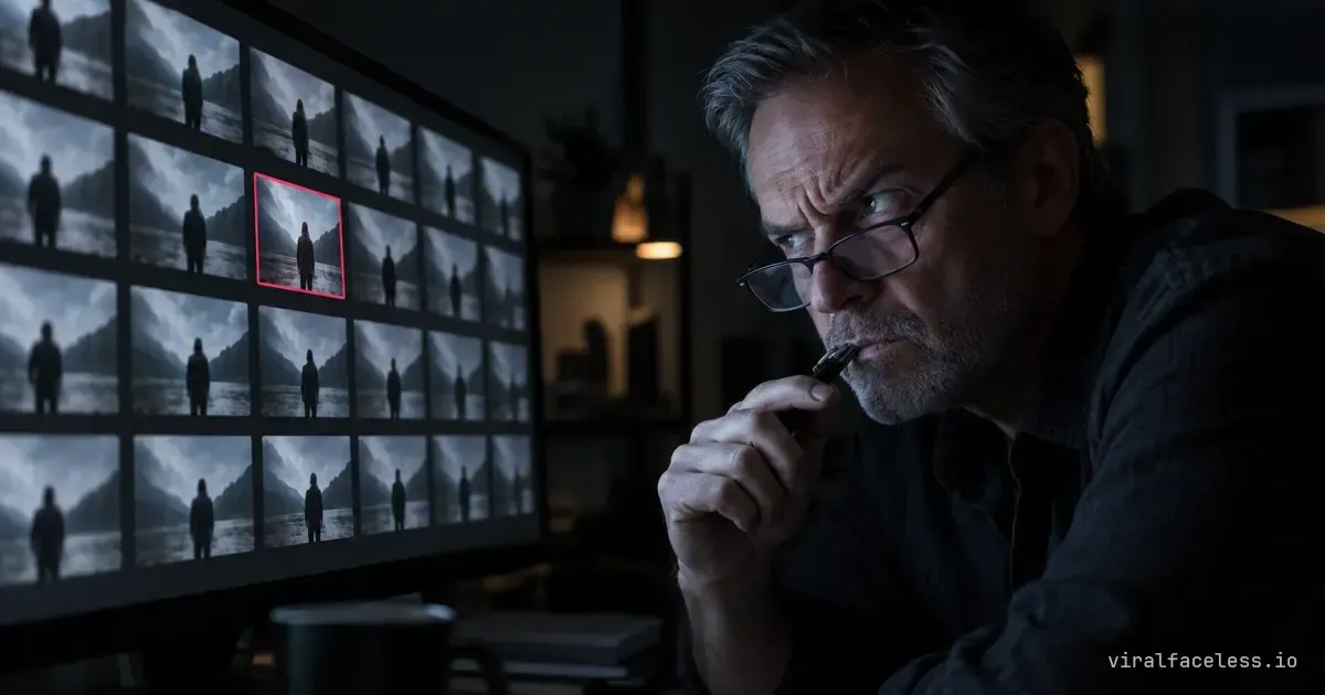 A sceptical reviewer in reading glasses, pen at his lips, studies a grid of near-identical video thumbnails, one outlined in rose