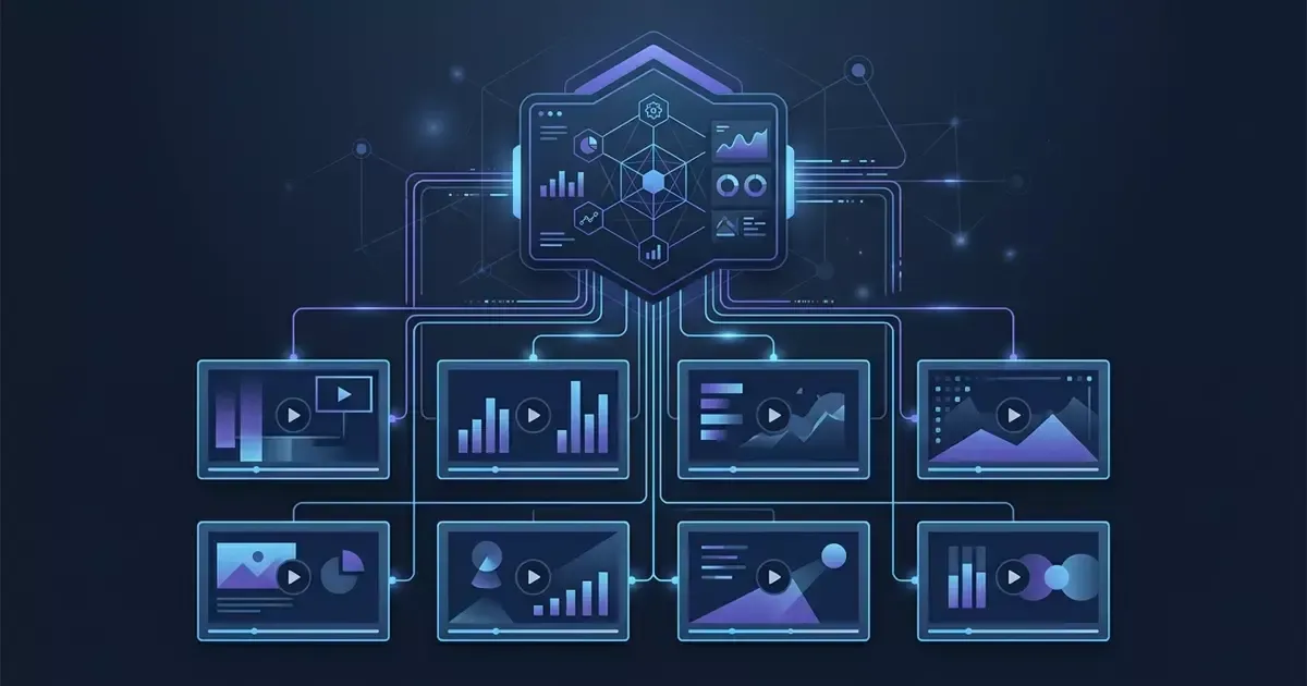 Content operating system dashboard connected to a consistent grid of on-brand video thumbnails