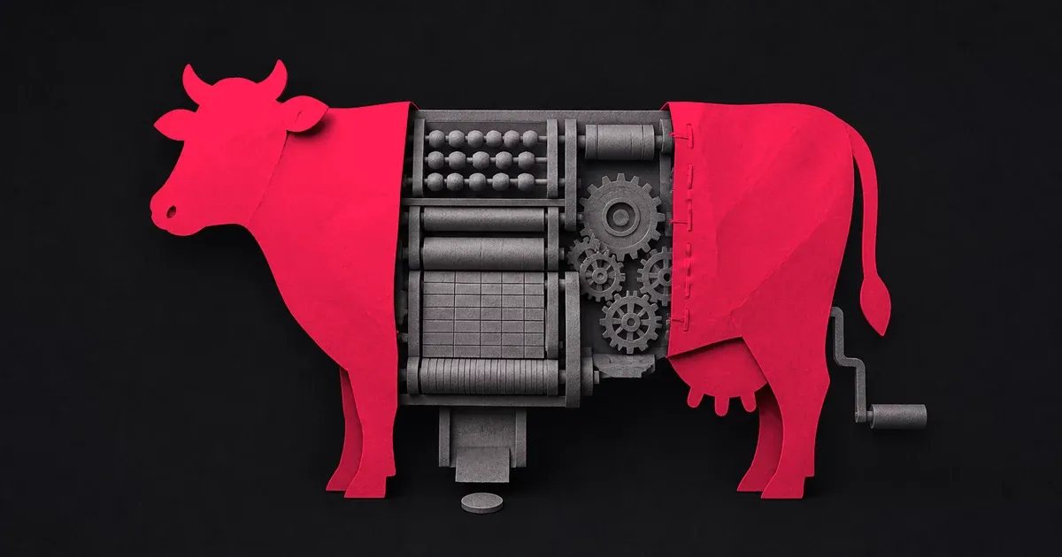 A rose paper cow opened to reveal a grey mechanical adding machine inside, producing a single coin