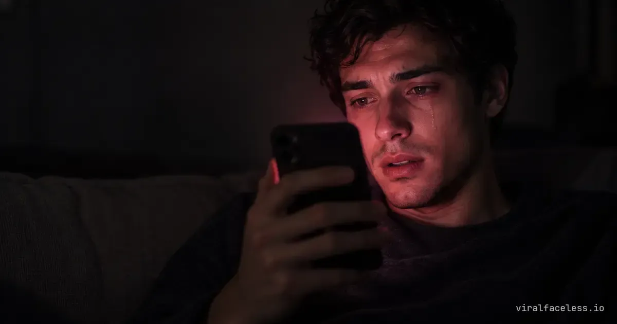 A young man on a dark sofa, face lit by his phone, a tear on his cheek as he watches a short film