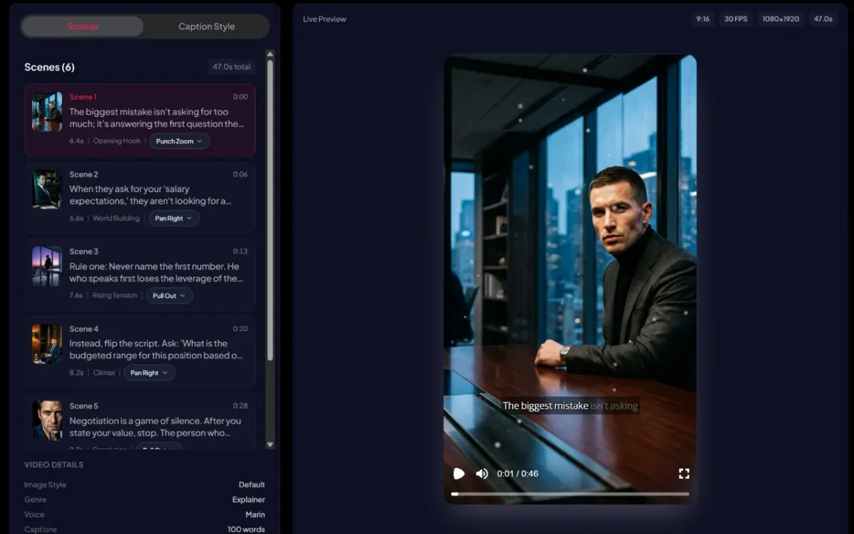 ViralFaceless editor — scenes and live 9:16 preview