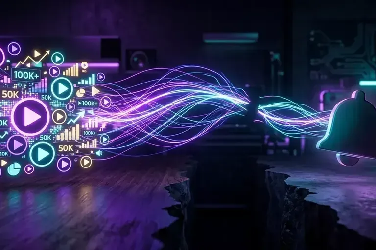 Glowing play buttons with 100K+ and 50K counters flow through purple light streams into a glowing notification bell.