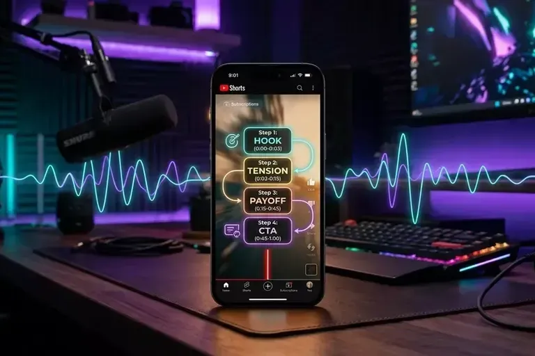 A phone showing YouTube Shorts with stacked boxes labeled HOOK, TENSION, PAYOFF and CTA, on a desk with a microphone and keyboard.