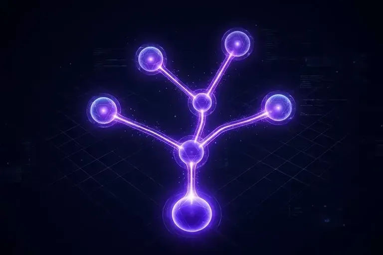 A glowing purple node tree on a dark grid, with five small nodes branching from one large node at the base.