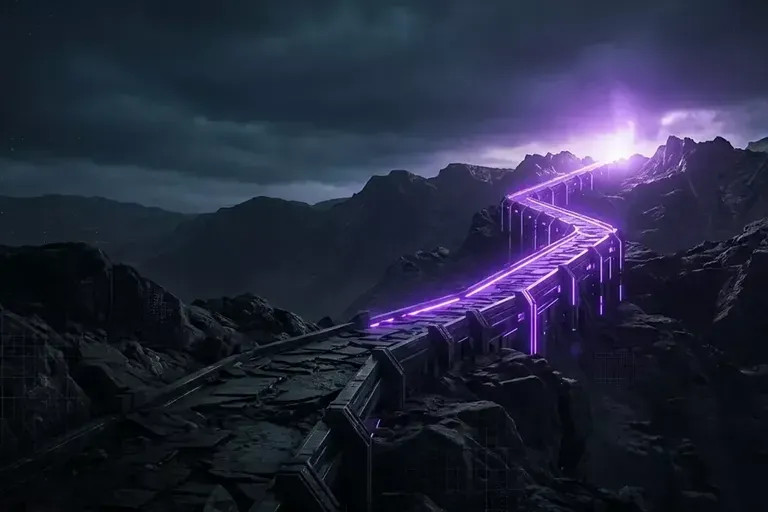 A glowing purple track winds along a rocky mountain ridge under a dark, stormy sky.