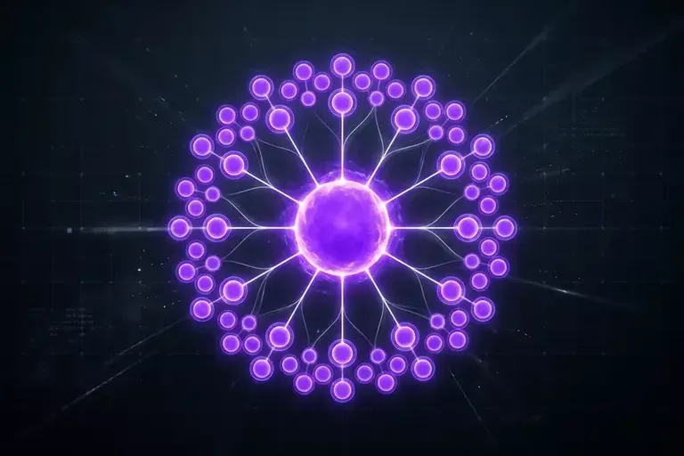 A glowing purple sphere at the center of a radial network of smaller purple nodes on a dark background.