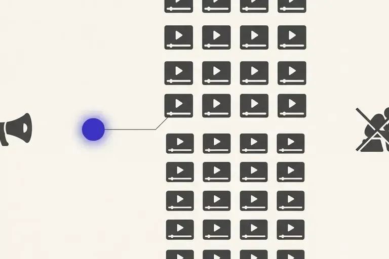 Editorial illustration: a megaphone and an indigo node linked to a grid of identical video thumbnails, with a crossed-out shrugging figure — the channel-as-distribution idea between a confident guru and a dismissive skeptic