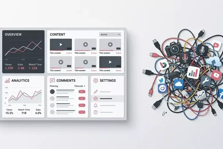 A dashboard with OVERVIEW, CONTENT, ANALYTICS, COMMENTS and SETTINGS panels beside a tangle of cables and app icons.