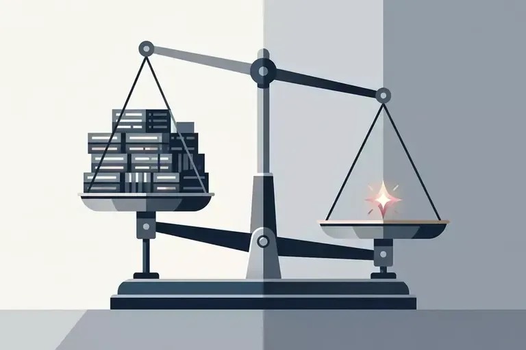 A flat balance scale with a stack of server-like boxes on one pan and a small glowing sparkle on the other.