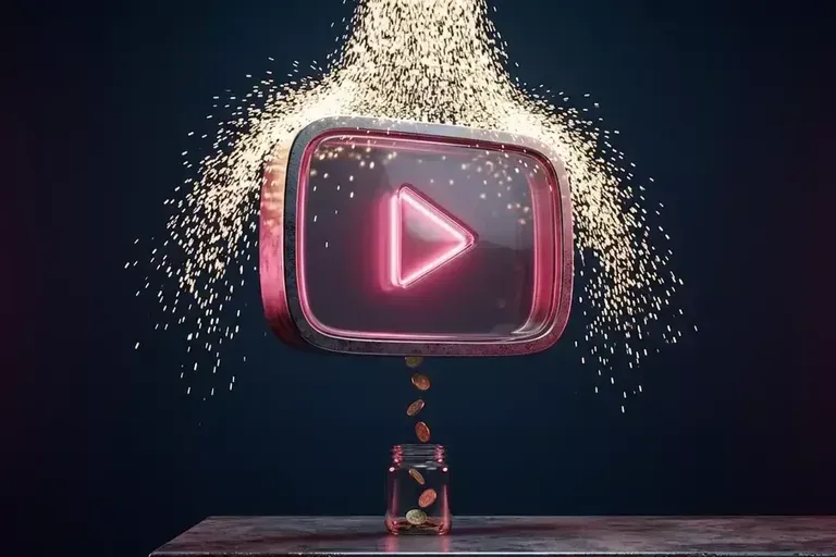 A glowing video play button raining sparks from above, with a few coins dropping into a small glass jar below it