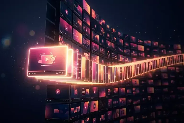 A glowing video player window at the front of a long curving row of video thumbnails in warm pink and orange light.