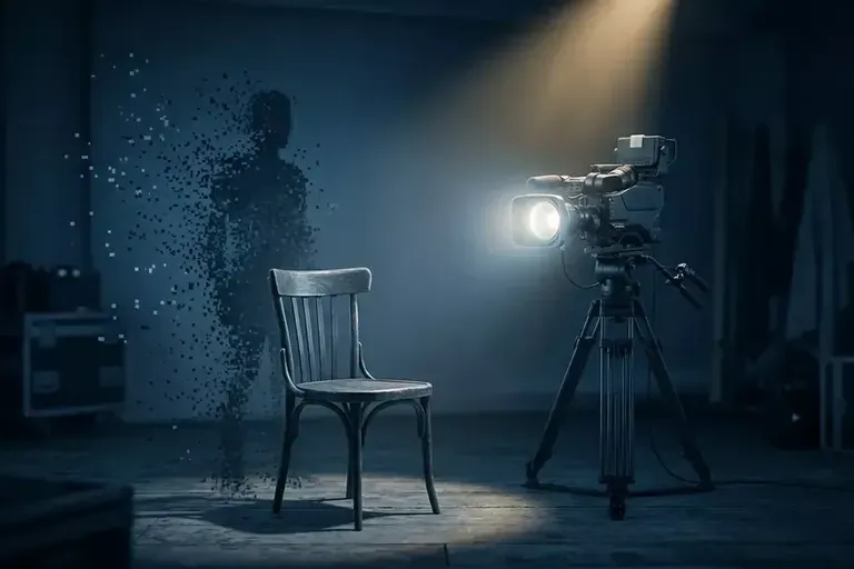 An empty wooden chair in a dim studio, a dissolving silhouette beside it, and a film camera with a bright light.