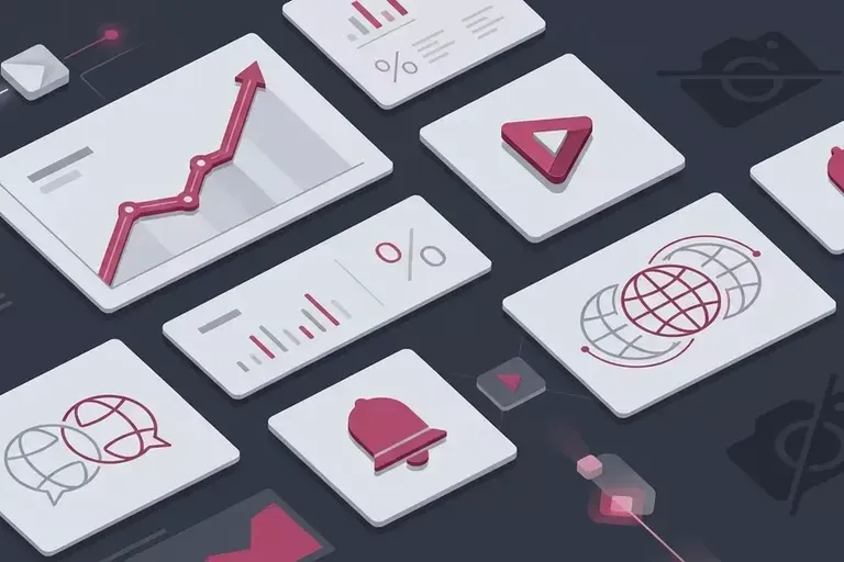 Isometric white cards show a rising line chart, a play triangle, a percent sign, a bell and a globe in red.