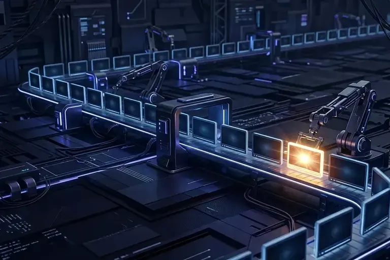 A dark factory belt carries rows of glowing monitors past robotic arms, with one monitor lit gold.