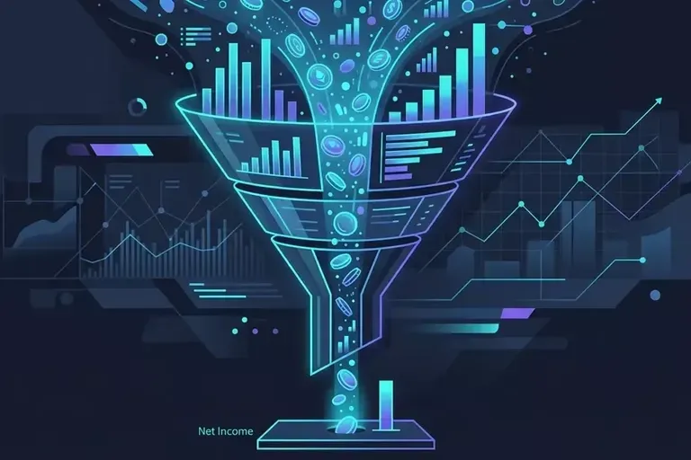 A glowing funnel pours bar charts and coins down into a base labeled Net Income, on a dark dashboard background.