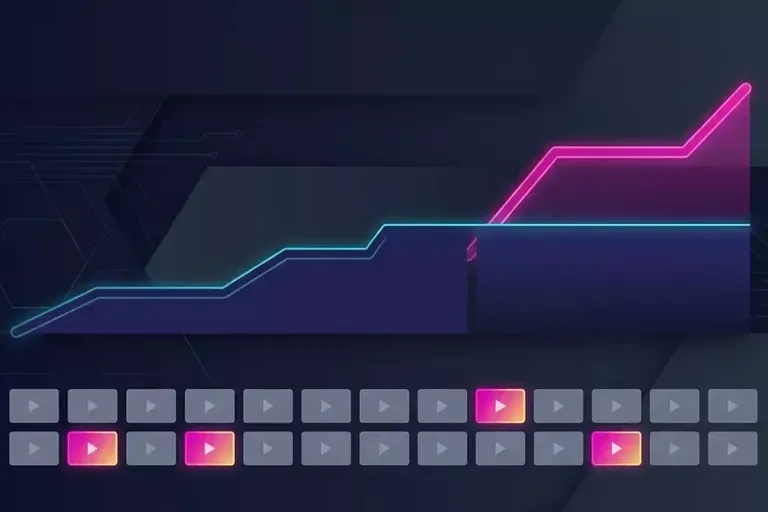 A pink line rises sharply above a teal line on a dark chart, with rows of play buttons below, a few highlighted.