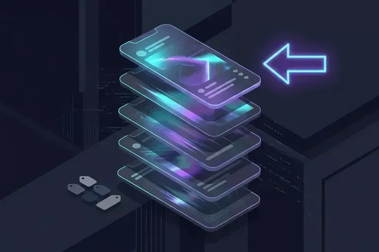 A stack of glowing translucent phone screens rises from a dark surface, with a neon arrow pointing left.