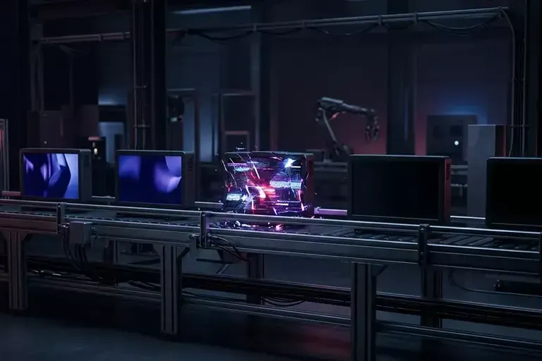 A dark studio with monitors on a long bench and a robotic arm working over a glowing glass block.