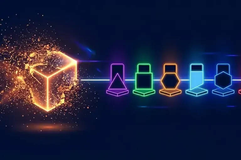 A glowing orange cube bursts into sparks on the left, and a line of colored glowing shapes runs out to the right.