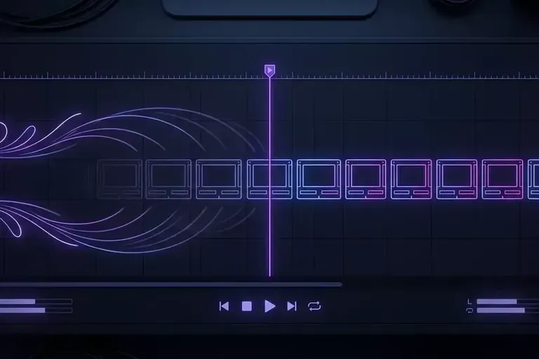 A dark timeline editor with a purple waveform on the left, a row of video clip boxes and a vertical playhead line.
