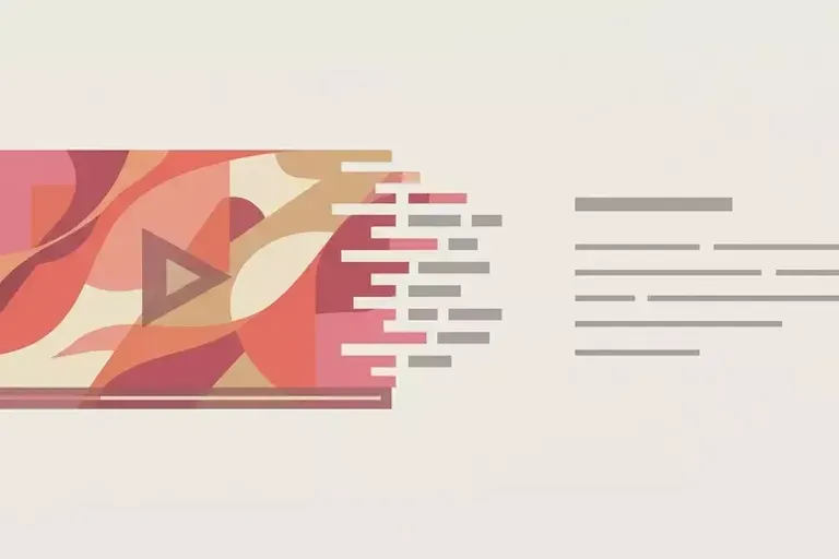 A flat illustration of a pink and orange abstract play shape on the left, with gray text lines on the right.