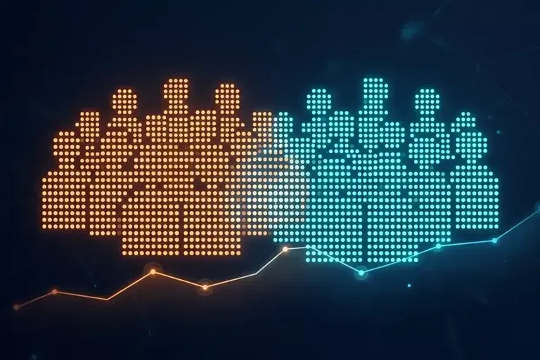Two clusters of dotted figures, one orange and one teal, rise above a glowing line chart on a dark background.