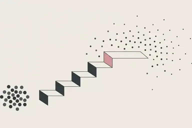 A cloud of dots rises over a staircase of gray steps that ends in one pink tile, on a pale background.