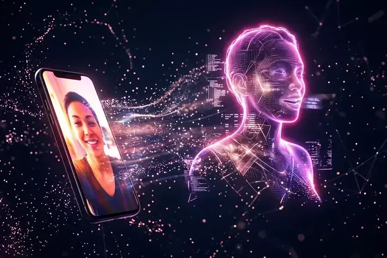A glowing purple face in profile rises beside a phone showing a woman on a video call, with dust-like particles.