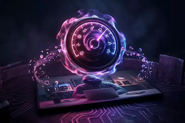 A glowing purple dial with tick marks floats above a dark circuit-printed board, with sparks drifting around it.