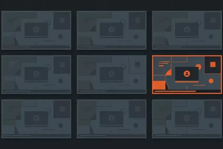 A grid of nine dark video thumbnails, with one outlined in orange and showing a small figure icon.