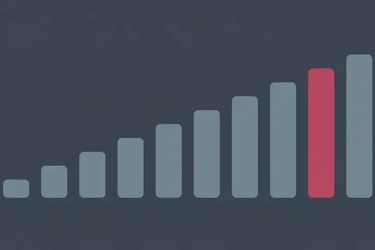 Gray bars rise from left to right, the eighth one highlighted in pinkish red, on a dark slate background.
