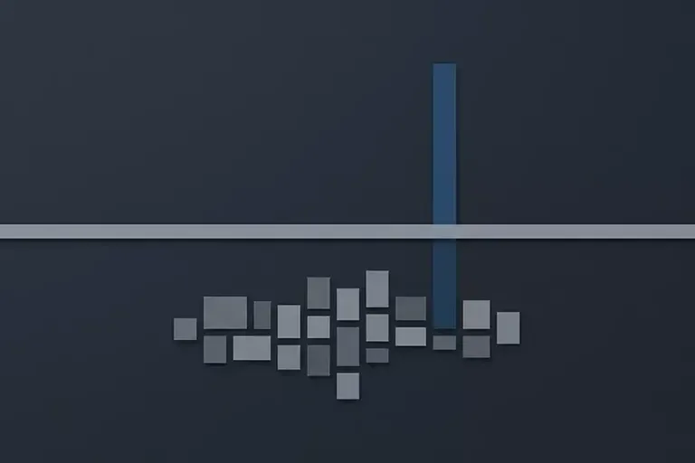 A gray horizontal bar cut by a vertical blue bar, with a cluster of small gray blocks pooled beneath it.