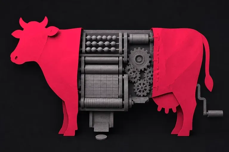 A rose paper cow opened to reveal a grey mechanical adding machine inside, producing a single coin
