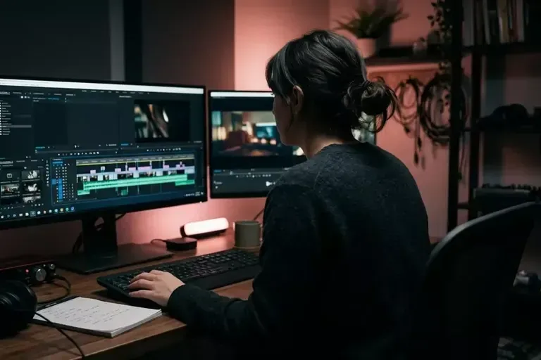 A woman seen from behind works at a desk with two monitors showing video timelines, under a warm lamp.
