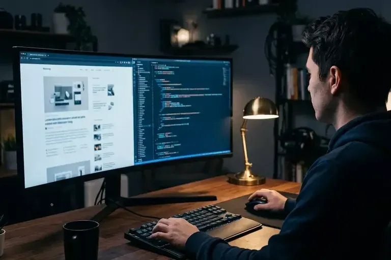 A man in a dark sweater types at a monitor showing a web page and code, under a brass desk lamp.