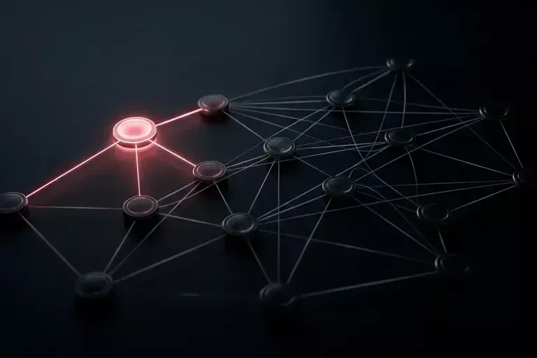 A network of dark nodes linked by thin lines, with one glowing pink node at the upper left.