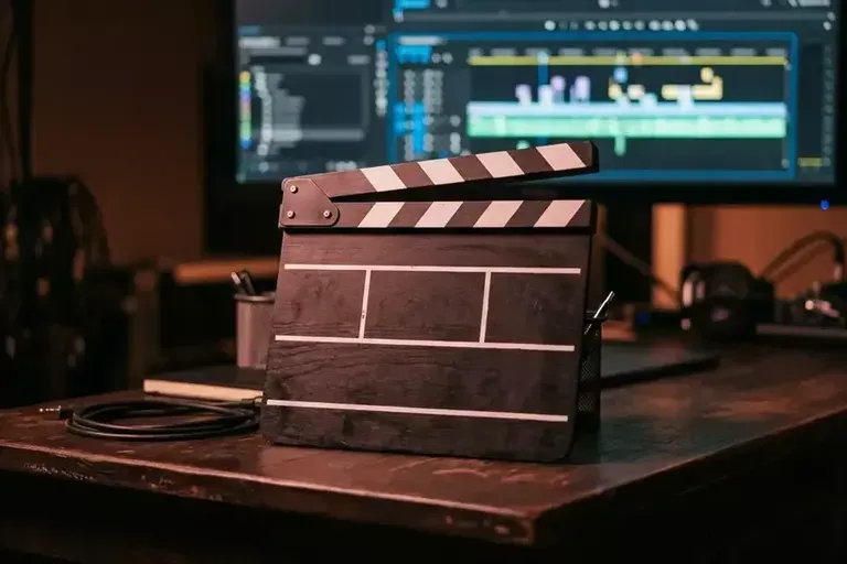A black clapperboard on a wooden desk in front of a glowing video editing timeline on a monitor.