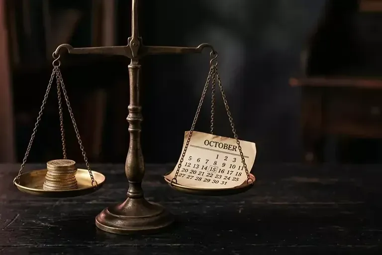 A brass balance scale holds a stack of coins on one pan and a page of an OCTOBER calendar on the other.