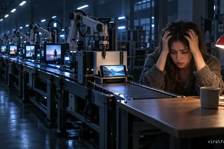 At the end of a long robotic video production line running with nobody at it, a creator under a red lamp clutches her head