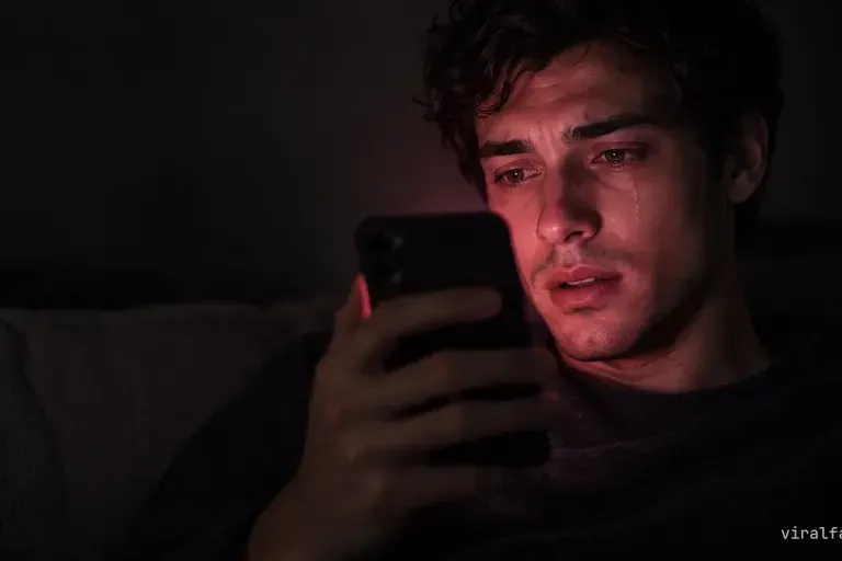 A young man on a dark sofa, face lit by his phone, a tear on his cheek as he watches a short film