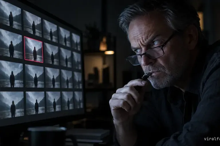 A sceptical reviewer in reading glasses, pen at his lips, studies a grid of near-identical video thumbnails, one outlined in rose