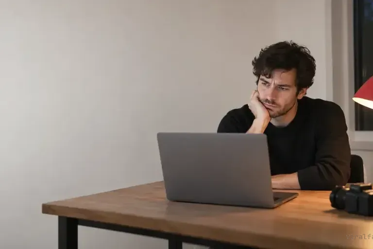 A man at a wooden desk in the evening rests his chin on his hand and frowns at an open laptop, with an unused camera and a red desk lamp beside him.