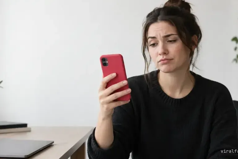 A woman with her hair in a bun frowns at a red phone in her hand, sitting at a bright desk with a laptop.