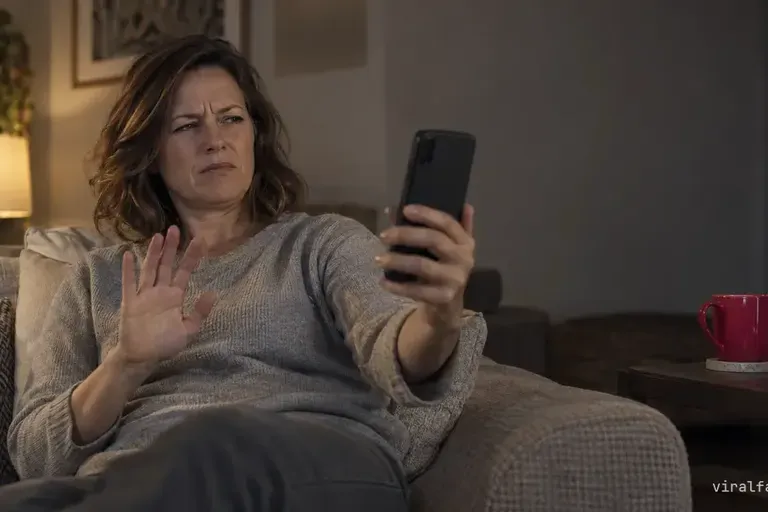 A woman on a sofa holds a phone at arm's length and leans back from it, eyes narrowed, one palm raised, a red mug on the side table.