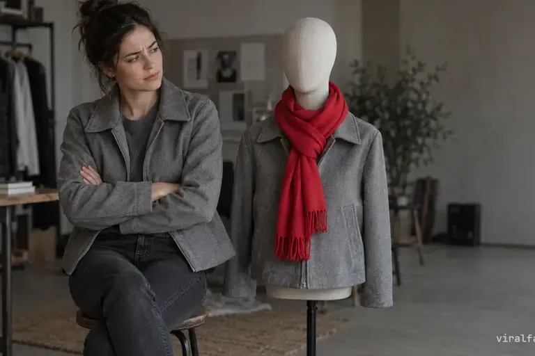 A woman with arms folded gives a doubtful sideways look at a blank mannequin that wears the same grey jacket and a red scarf.