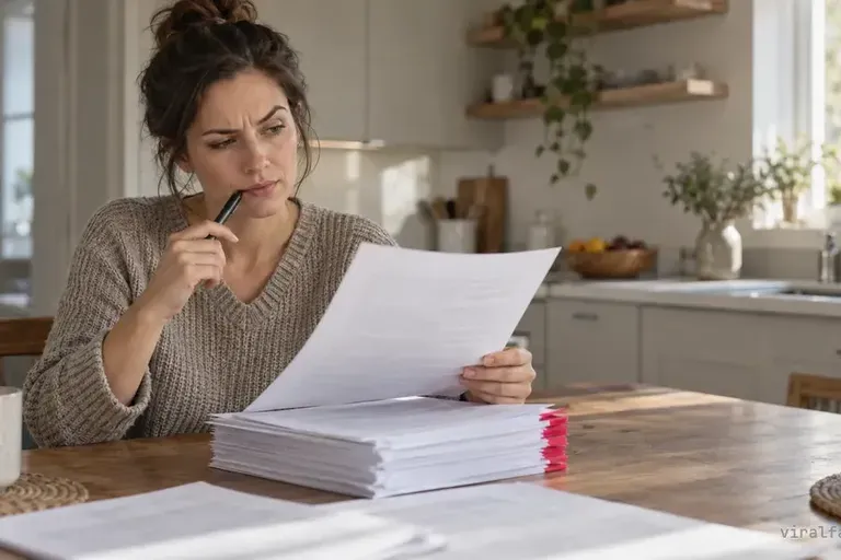 A woman at a sunlit kitchen table lifts one page from a thick printed stack, brow furrowed, pen at her lips, pink tabs along the stack.