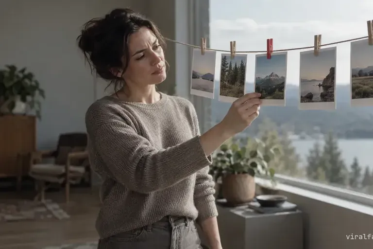A woman by a window holds up a string of five landscape prints, head tilted and frowning, a red clothes-peg on the middle one.