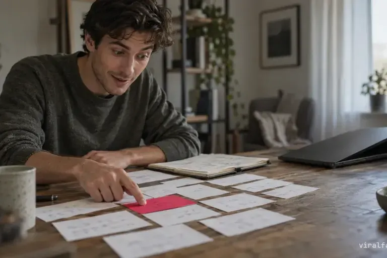 A young man at a desk covered with index cards presses a finger on the one pink card, eyes wide, half smiling as a pattern clicks.
